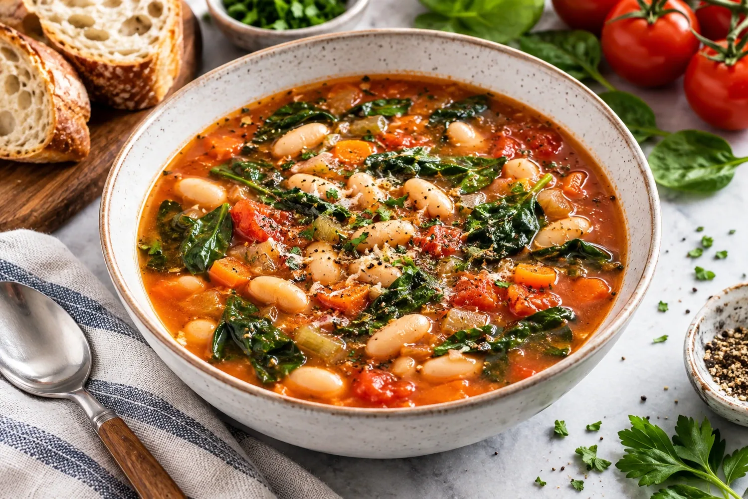 Low-Sodium White Bean Tomato Soup with Spinach