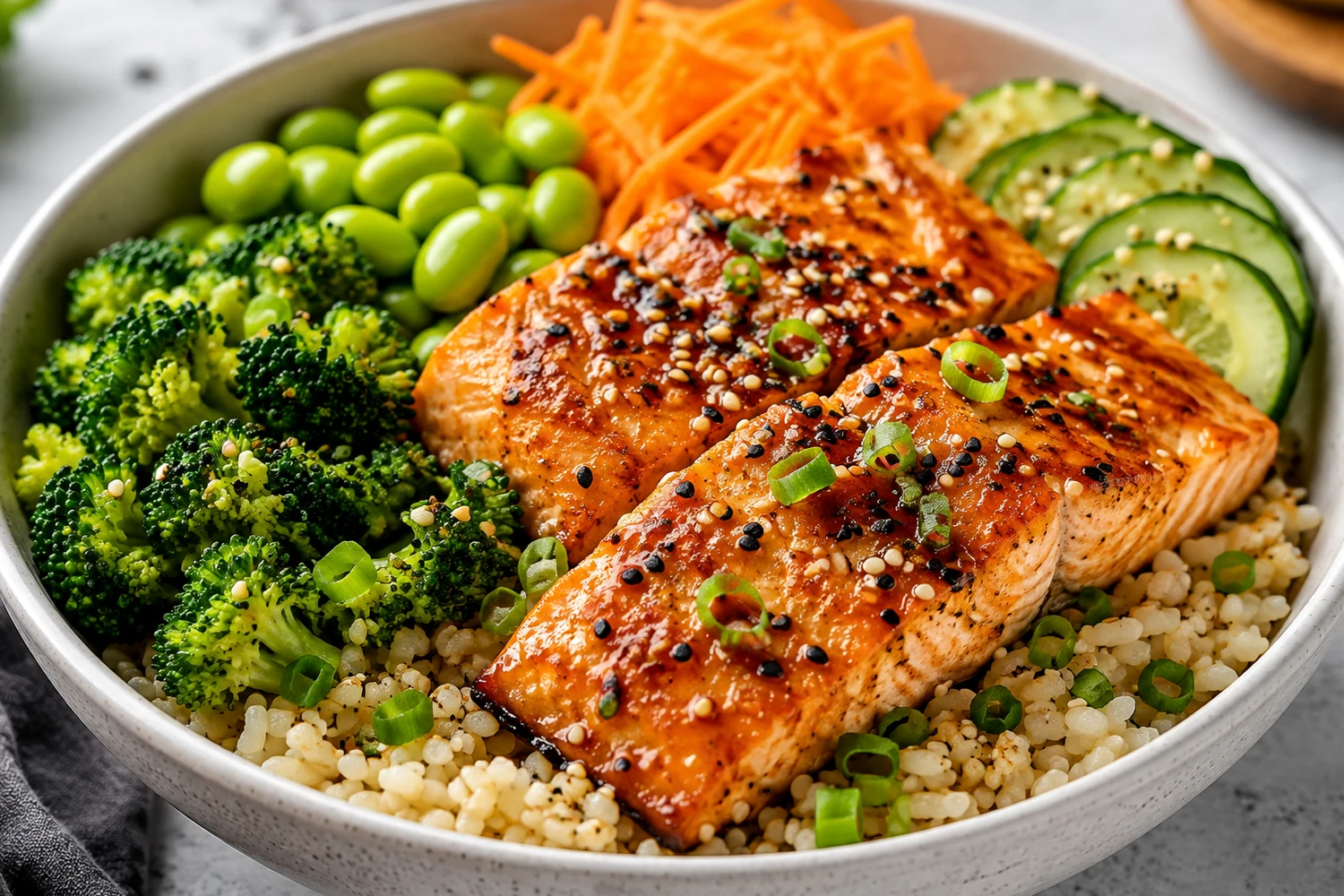 Miso Ginger Salmon Edamame Brown Rice Bowl