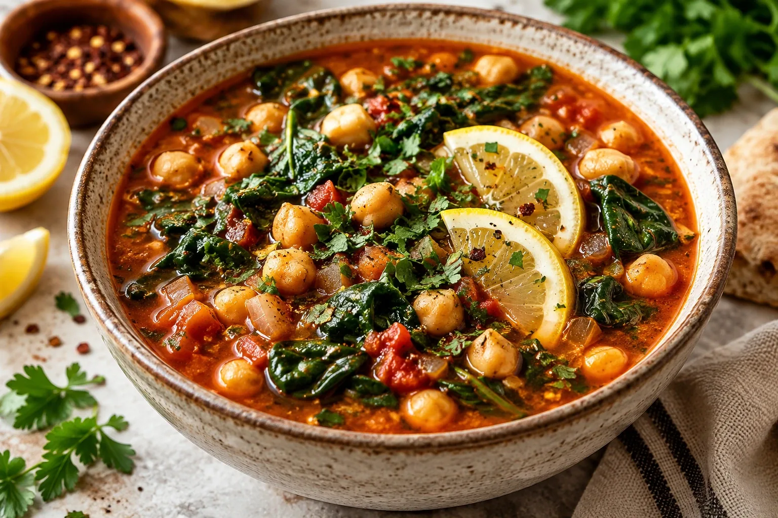 Moroccan Chickpea Tomato Soup with Spinach and Lemon