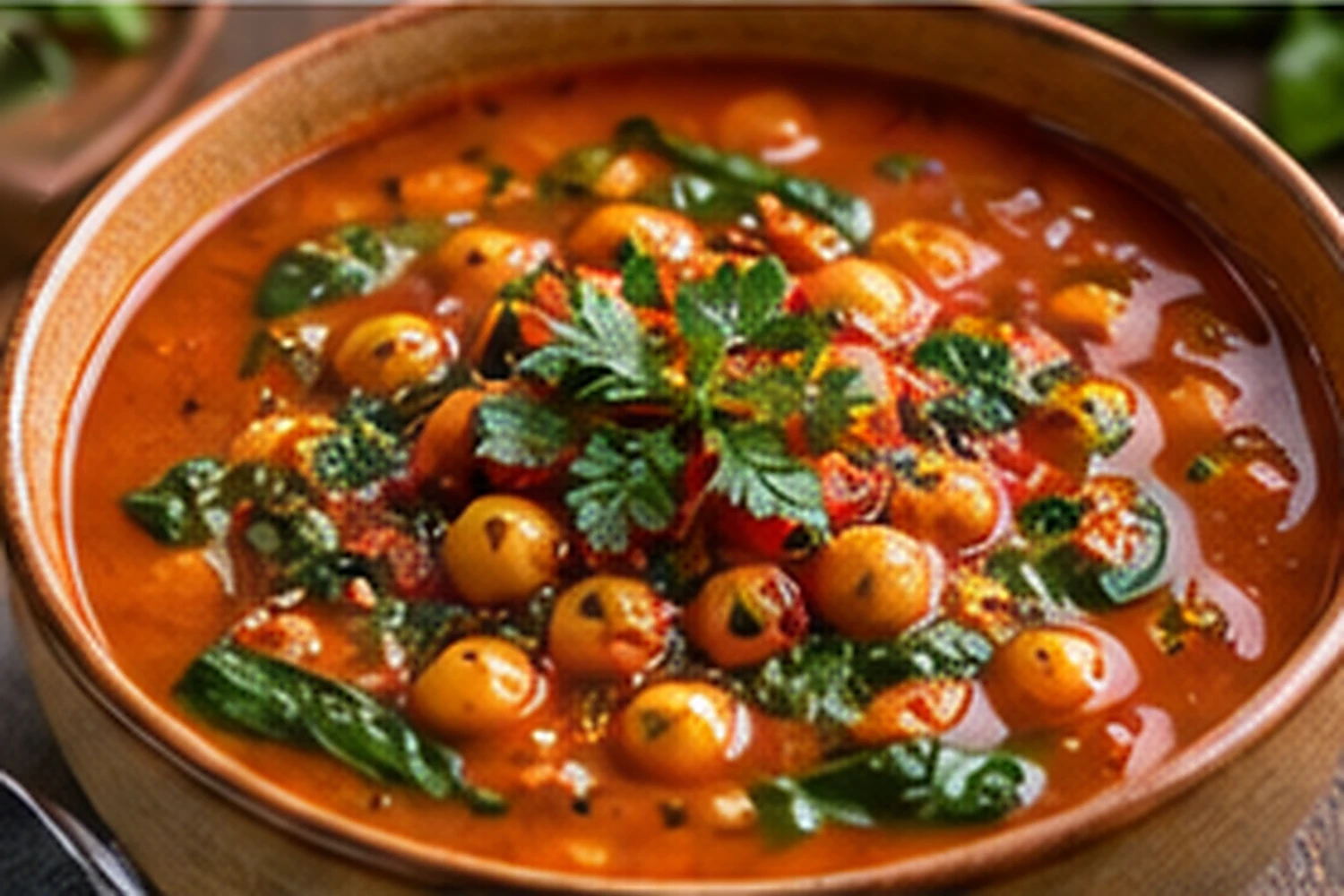 Moroccan Chickpea Tomato Soup with Spinach and Lemon
