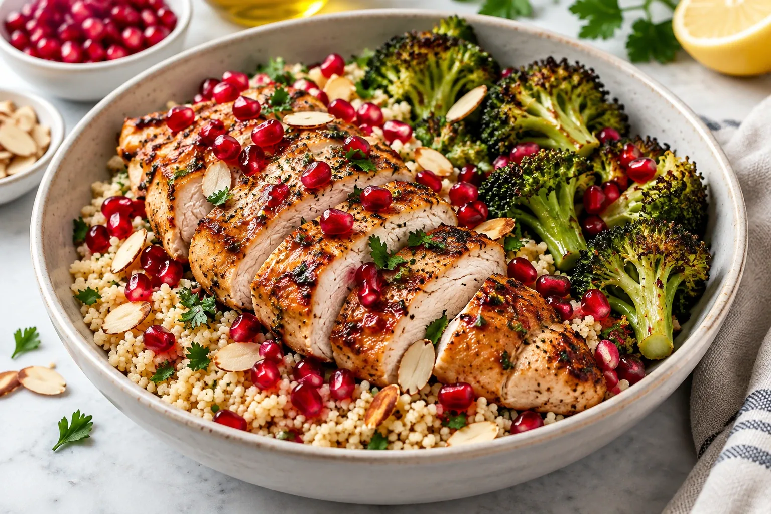Pomegranate Chicken with Almond Couscous and Roasted Broccoli