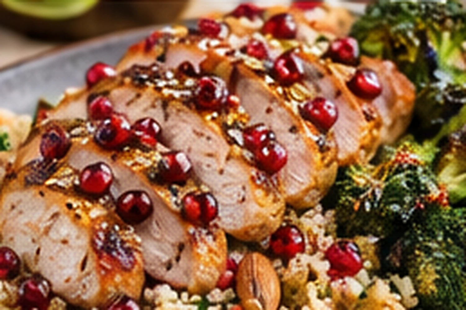 Pomegranate Chicken with Almond Couscous and Roasted Broccoli