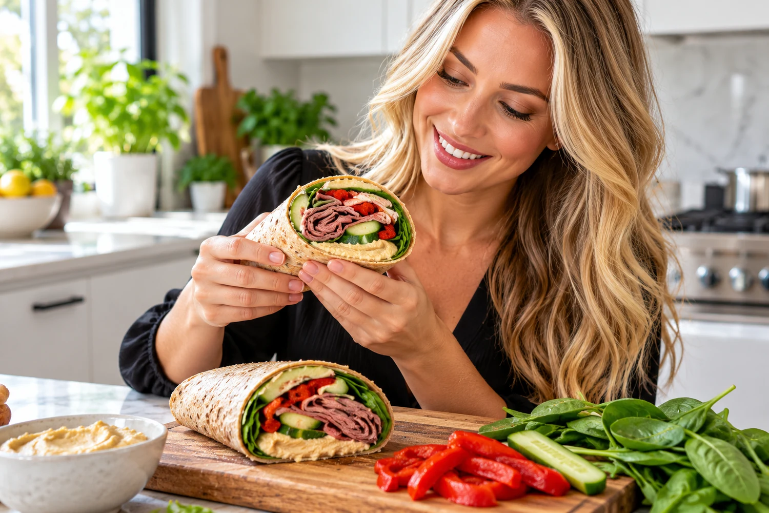Woman with Roast Beef Hummus Wrap with Spinach and Roasted Peppers