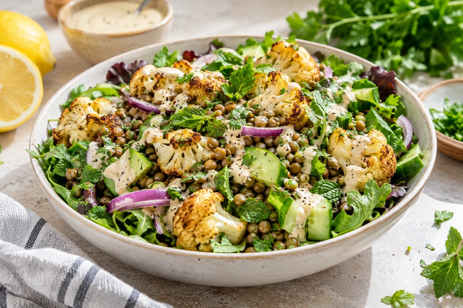 Roasted Cauliflower Lentil Salad with Lemon Tahini