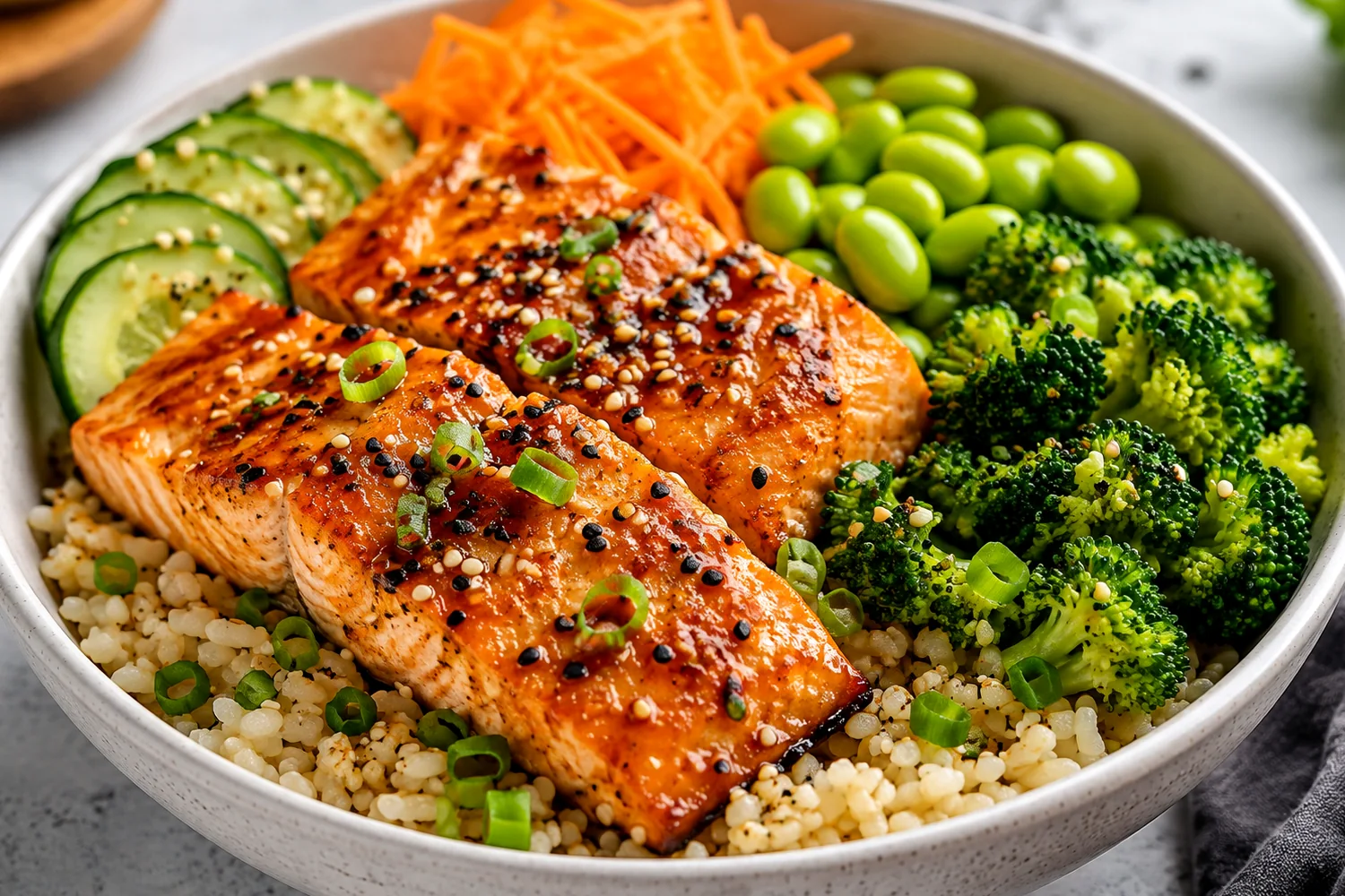 Salmon Taco Bowl with Pineapple Cabbage Salsa and Avocado Yogurt