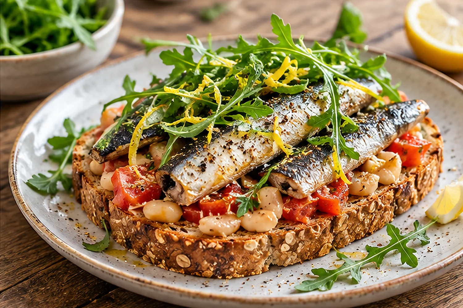 Sardine Tomato White Bean Whole-Grain Toast with Arugula