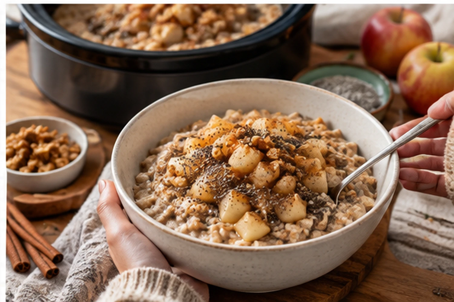 Slow Cooker Apple Cinnamon Steel-Cut Oats with Chia and Walnuts