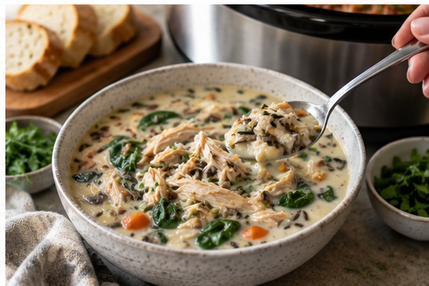 Slow Cooker Chicken and Wild Rice Soup with Spinach