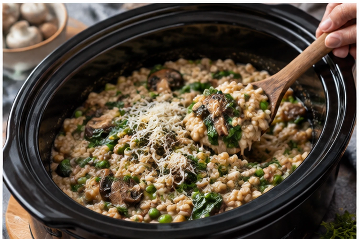 Slow Cooker Mushroom Barley Risotto with Spinach and Peas