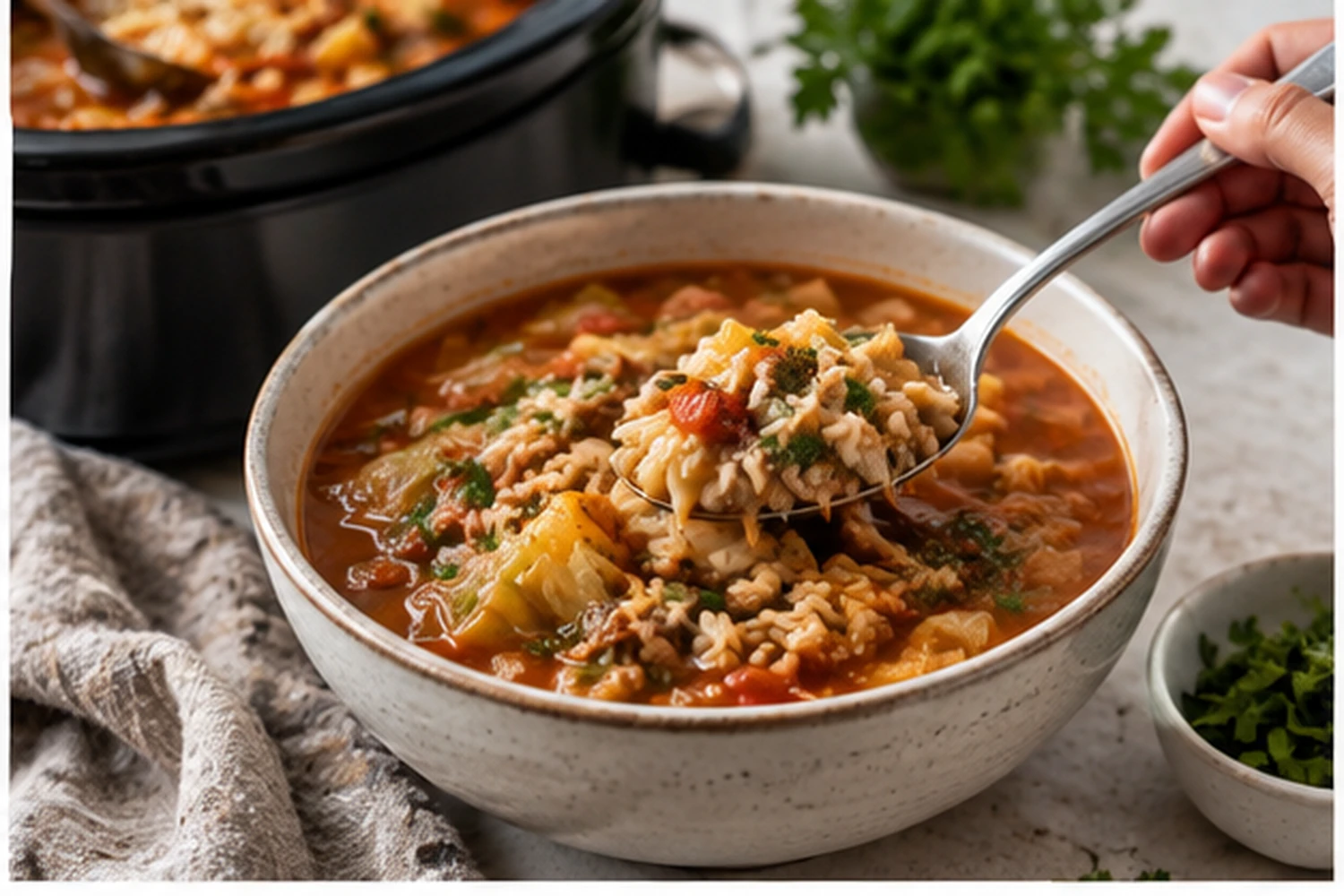 Slow Cooker Stuffed Cabbage Soup with Turkey and Brown Rice
