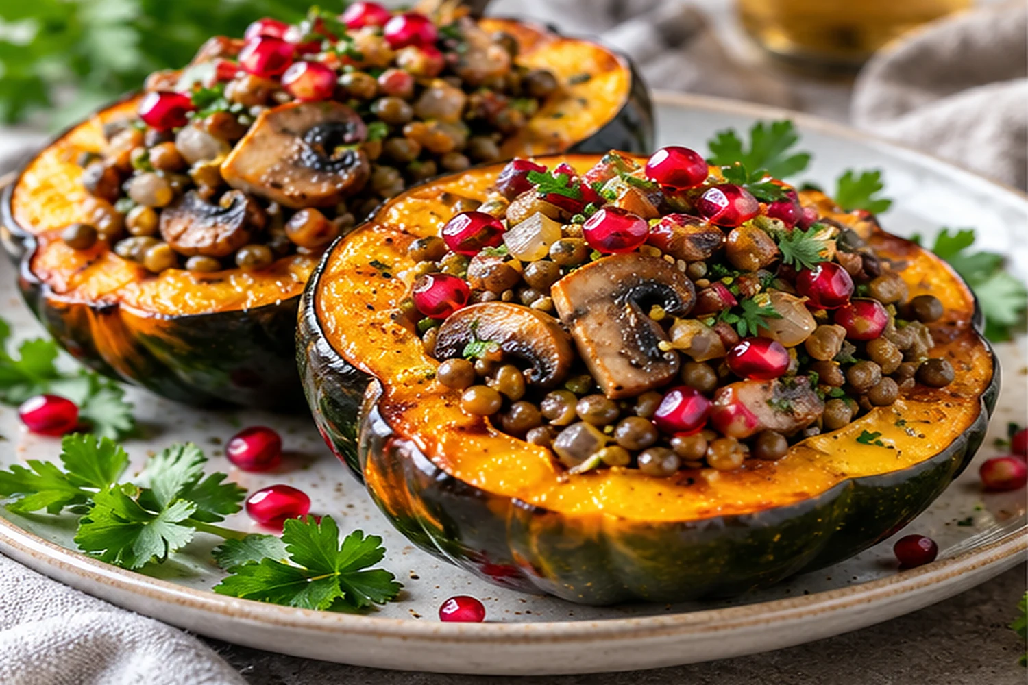 Smoky Lentil Mushroom Stuffed Acorn Squash
