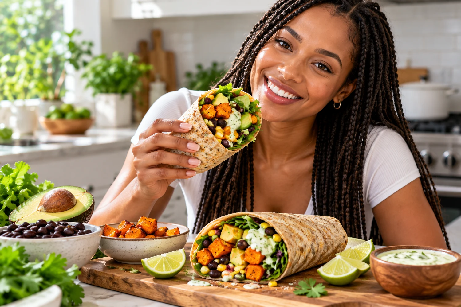 Sweet Potato Black Bean Wrap with Avocado Lime Yogurt