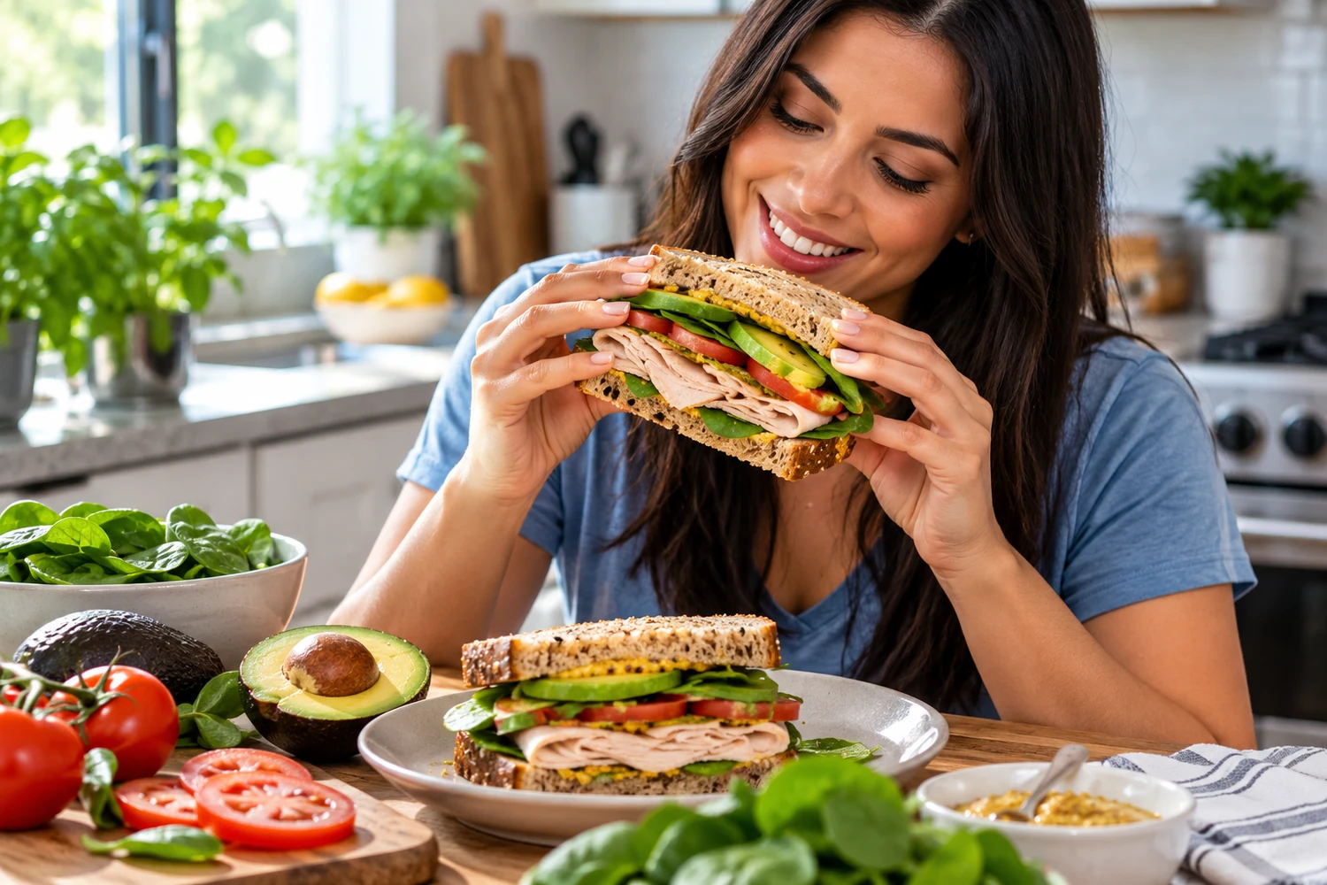 Woman with Turkey Avocado Sandwich with Spinach and Dijon Mustard
