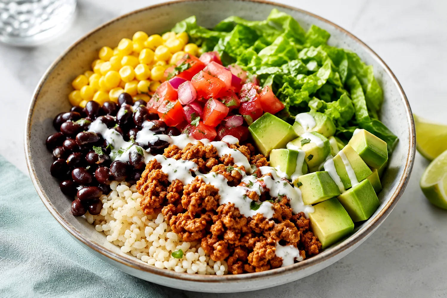 Turkey Burger Bowl with Avocado Pickle Yogurt Sauce