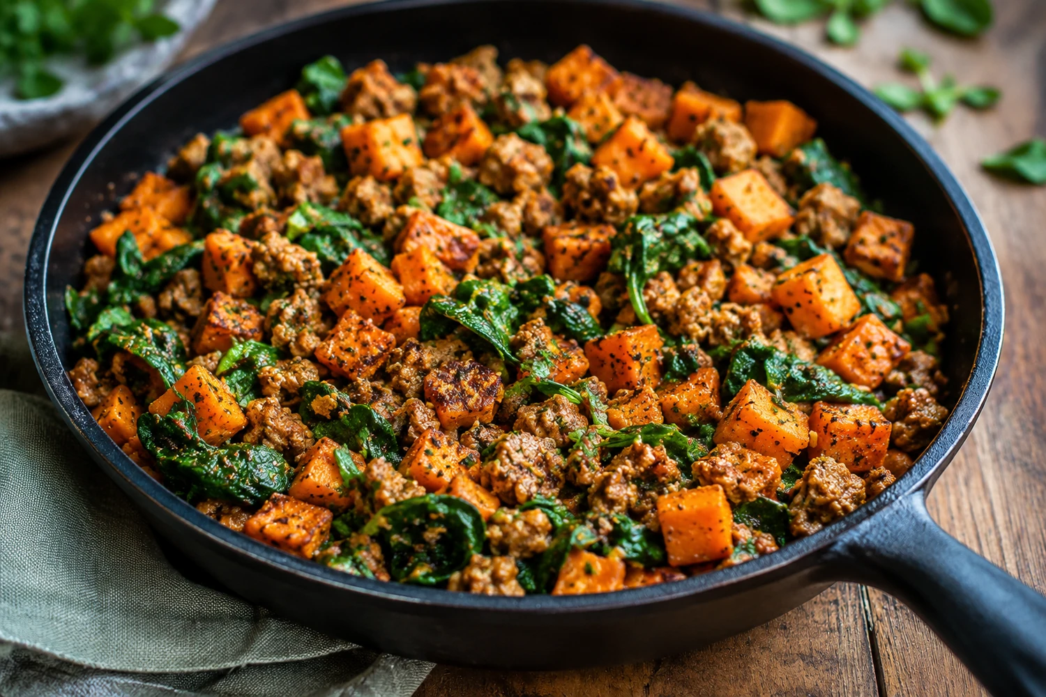 Turkey Sweet Potato Spinach Skillet
