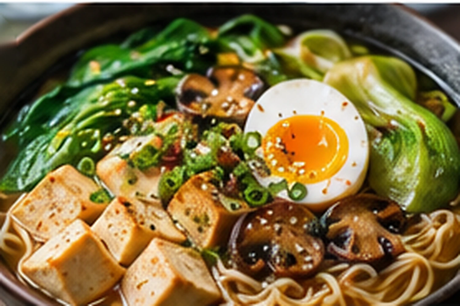 Vegetarian Ramen with Tofu, Mushrooms, Bok Choy and Soft-Boiled Egg