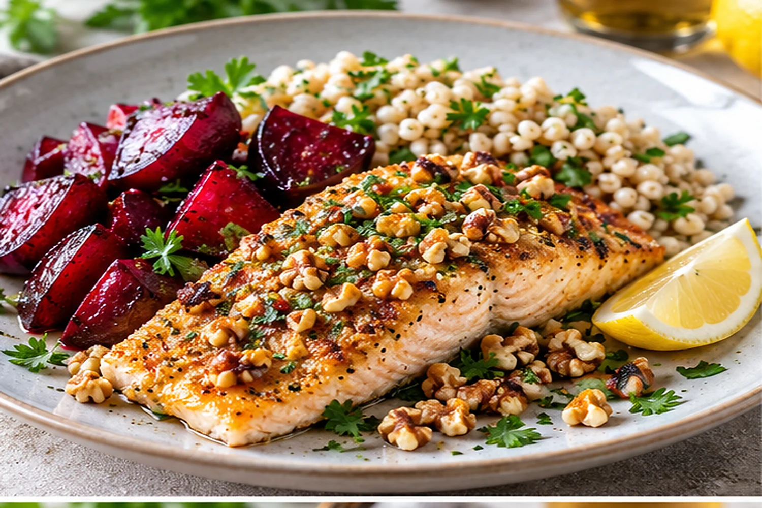 Walnut-Crusted Trout with Roasted Beets and Barley
