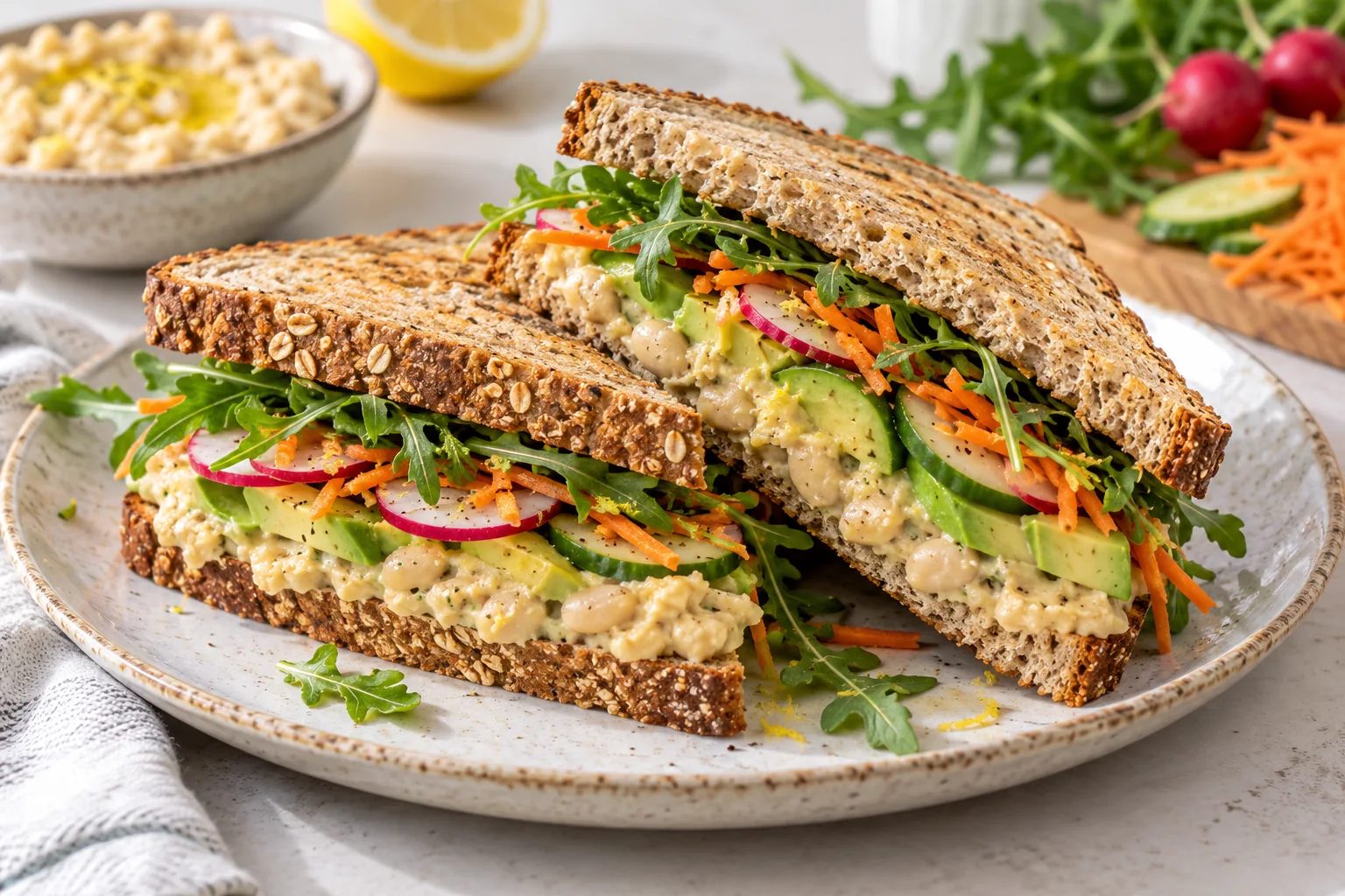 High-Fiber White Bean Avocado Hummus Crunch Sandwich